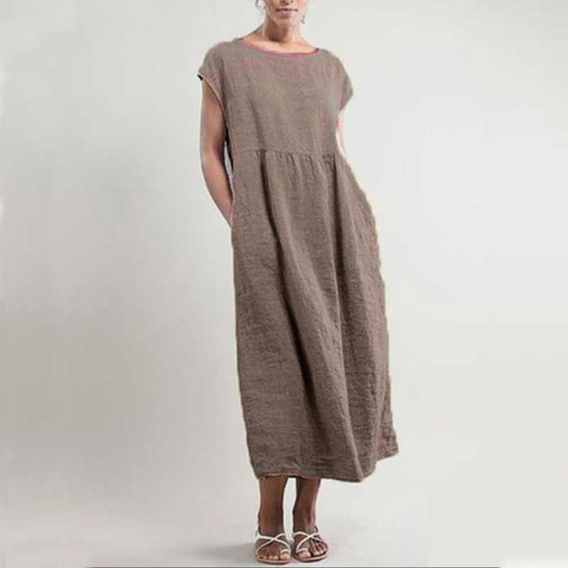 Effen kleur mouwloze losse linnen jurk met zak