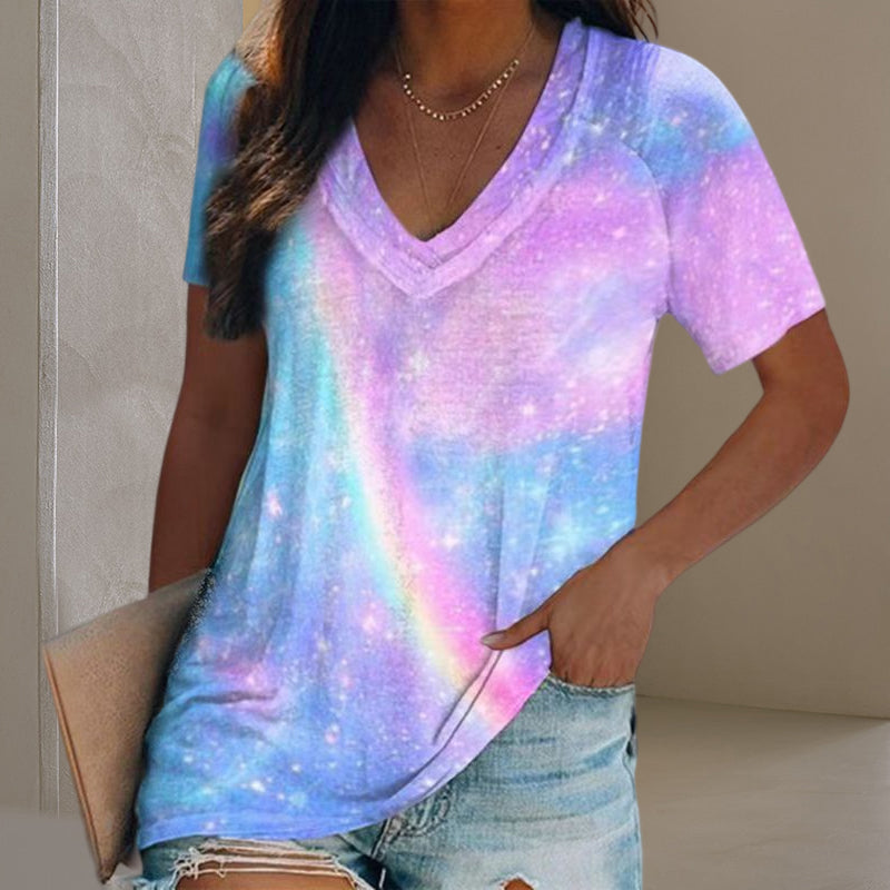 T-shirt met V-hals en veelkleurige print