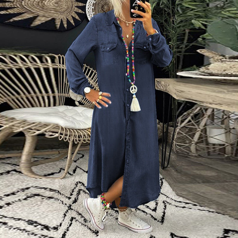 Casual spijkerjurk in effen kleur met lange mouwen voor dames（Pre-sale）