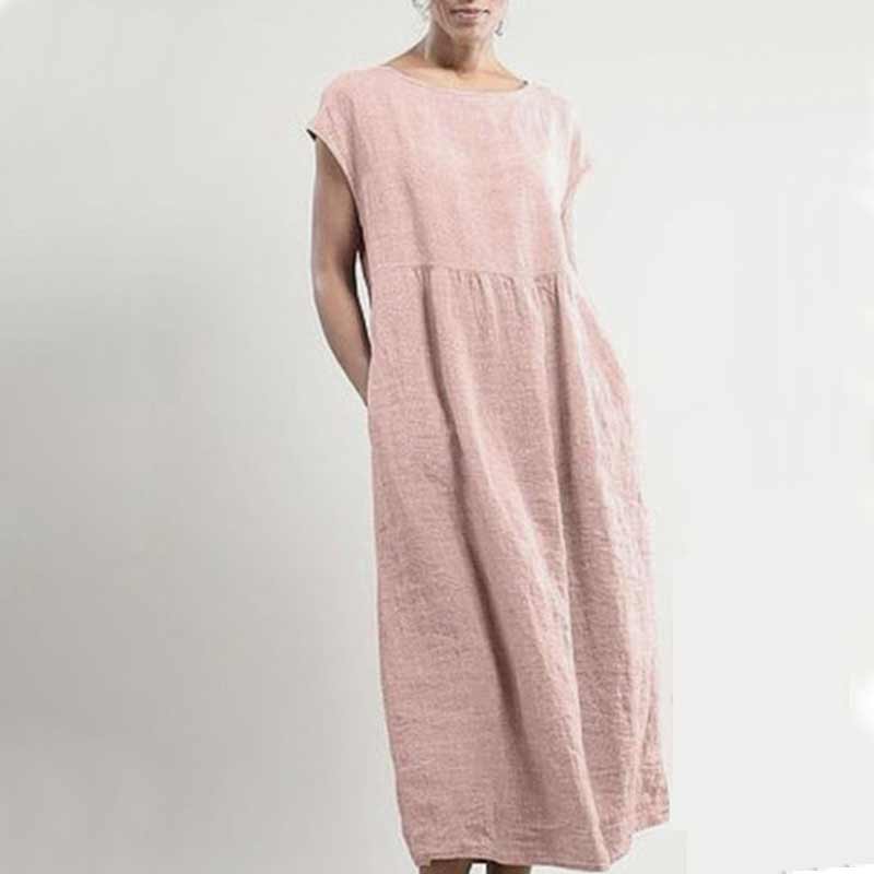 Effen kleur mouwloze losse linnen jurk met zak