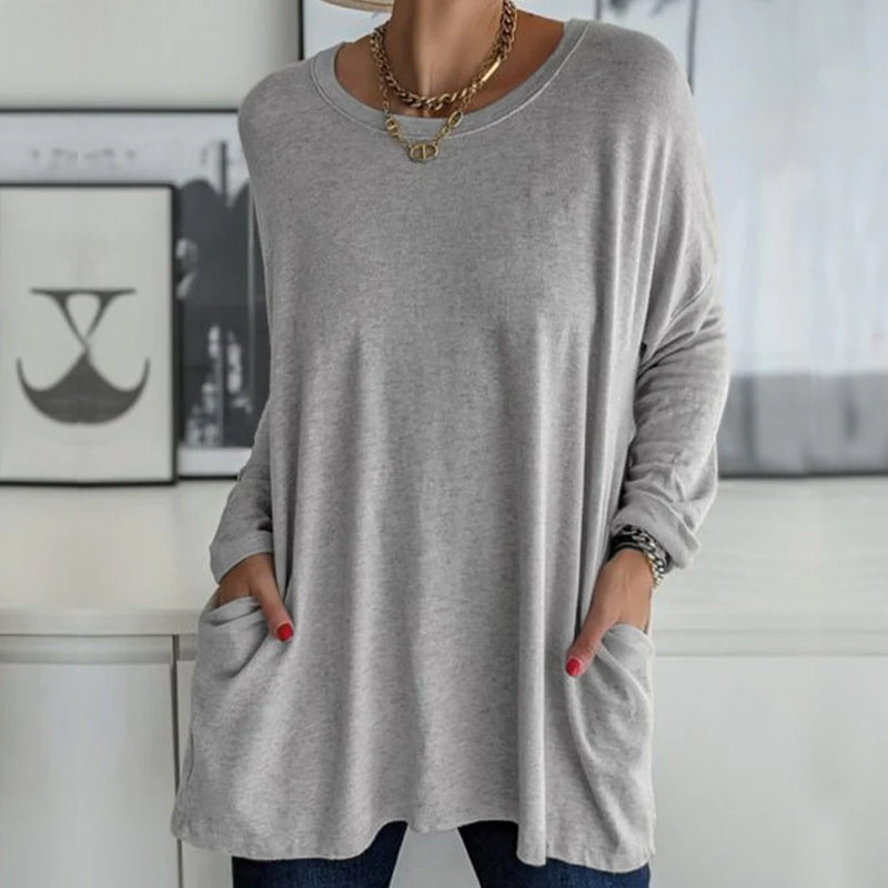 Effen kleur ronde hals top met lange mouwen