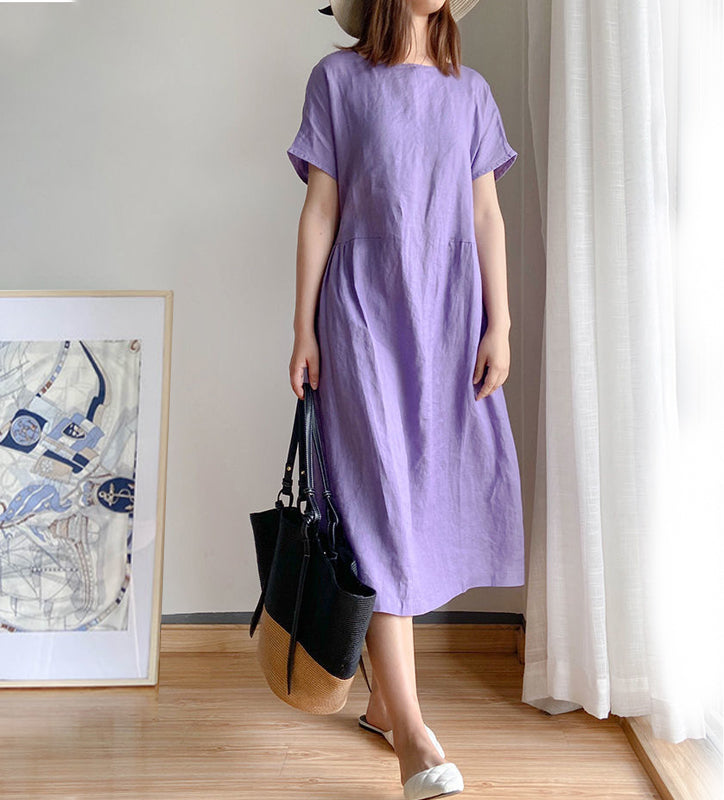 Effen kleur losvallende jurk met korte mouwen