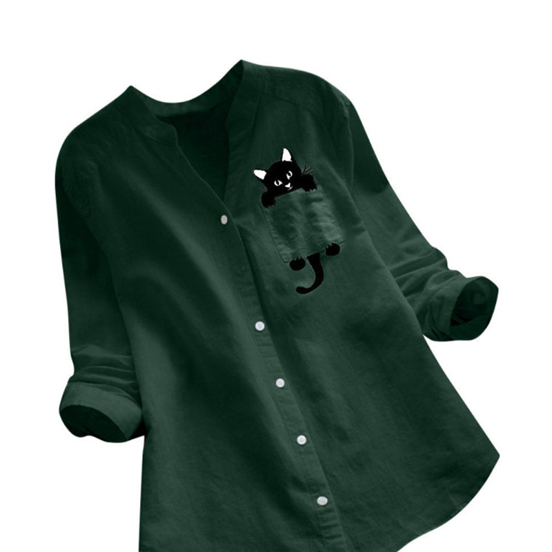 Blouse met V-hals van katoen en kattenprint met lange mouwen