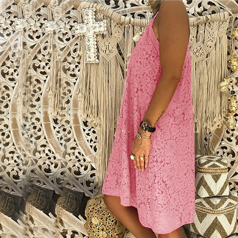 Dames zomer effen mouwloze v-hals Sling Lace losse jurk