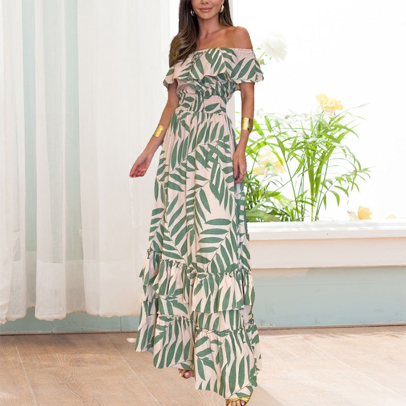 Plant Smiles bedrukte off-shoulder maxi-jurk met elastische taille