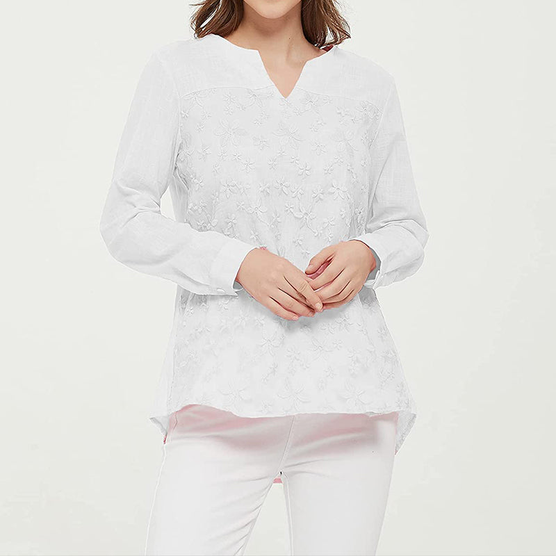 Damestop met geborduurde kant en lange mouwen van katoen