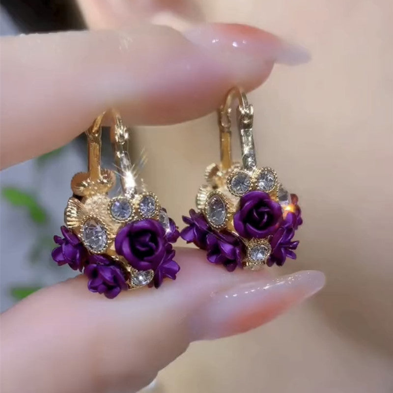 Blossoming Flower Basket Red Rose Earrings