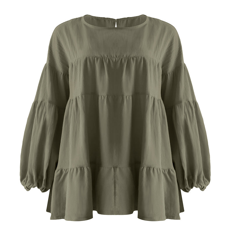 Top met ronde hals en lantaarn met lange mouwen