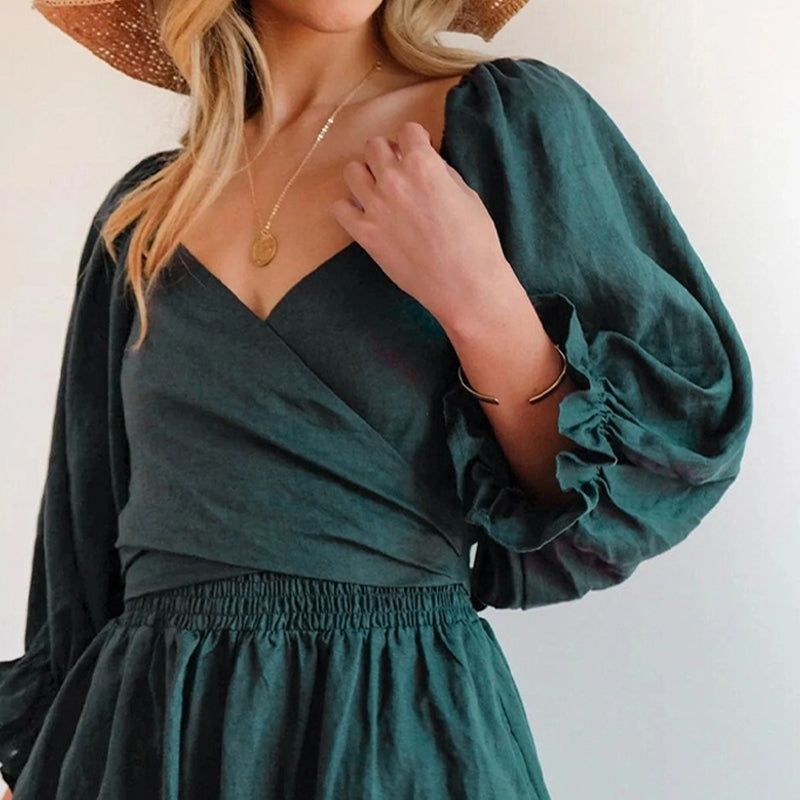 Multi-wear jurk met Franse ruches en lantaarnmouwen