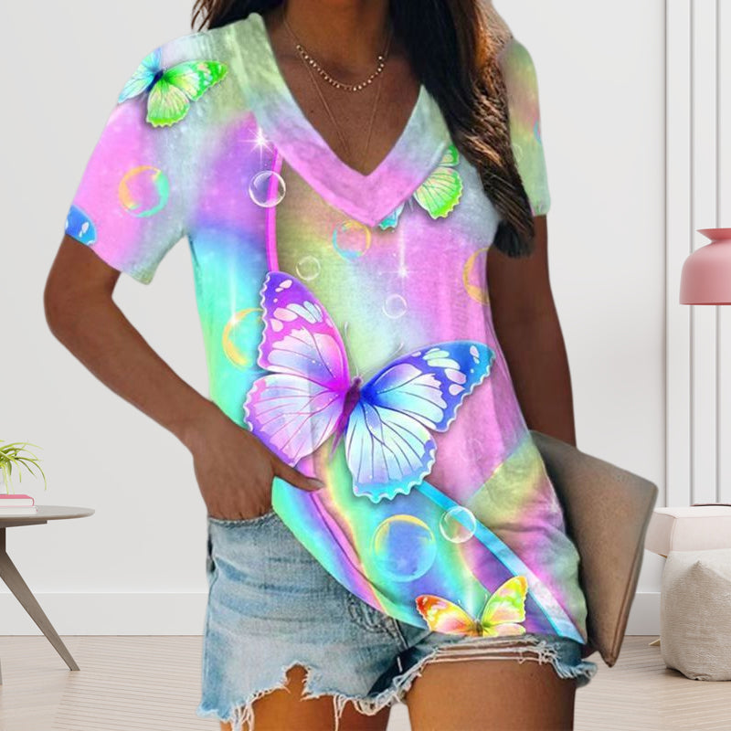 T-shirt met V-hals en veelkleurige print