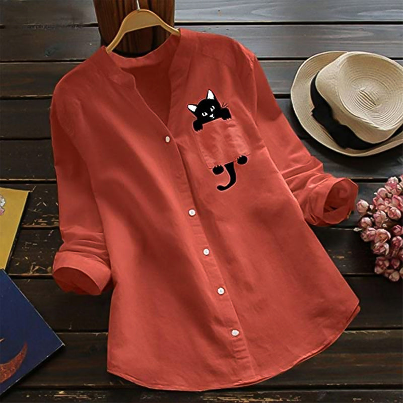 Blouse met V-hals van katoen en kattenprint met lange mouwen