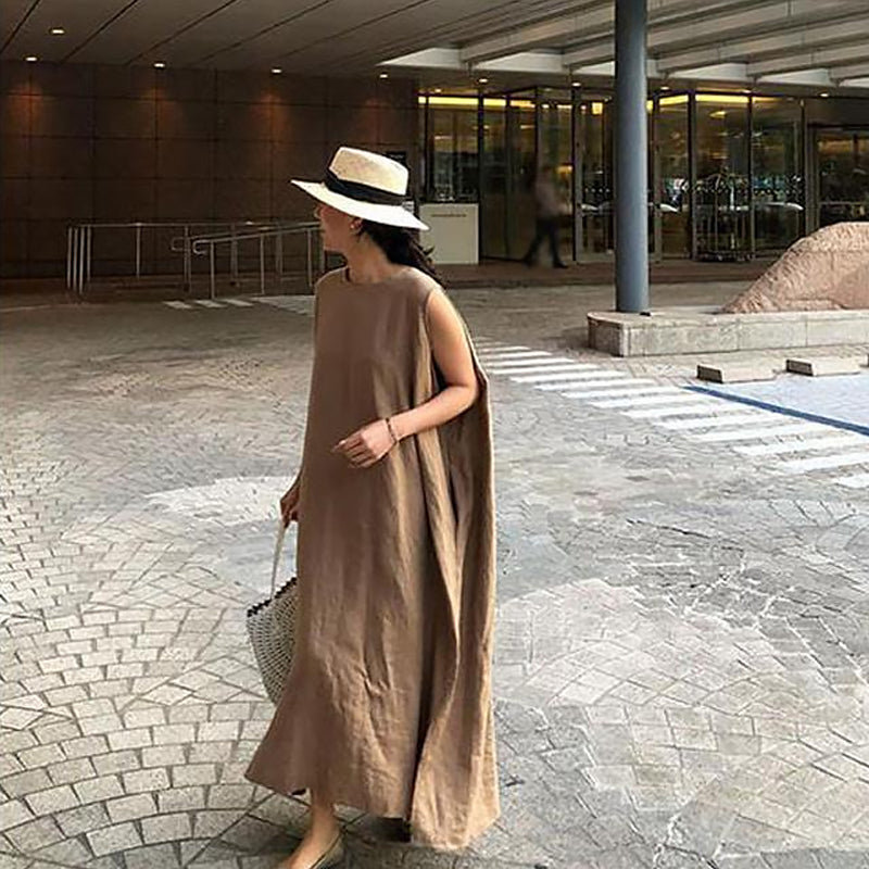 Jurk van katoen en linnen met split