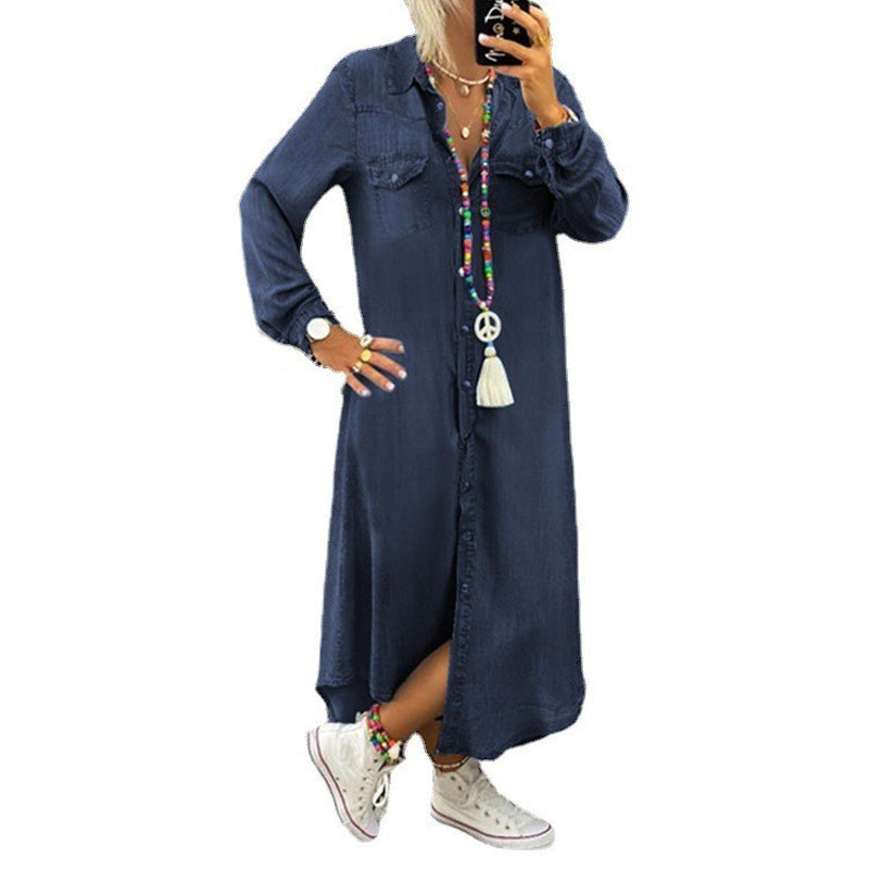 Casual spijkerjurk in effen kleur met lange mouwen voor dames（Pre-sale）