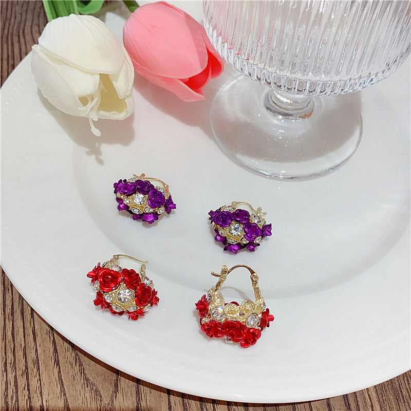 Blossoming Flower Basket Red Rose Earrings