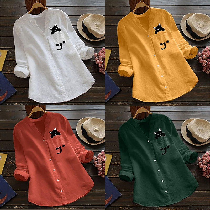 Blouse met V-hals van katoen en kattenprint met lange mouwen