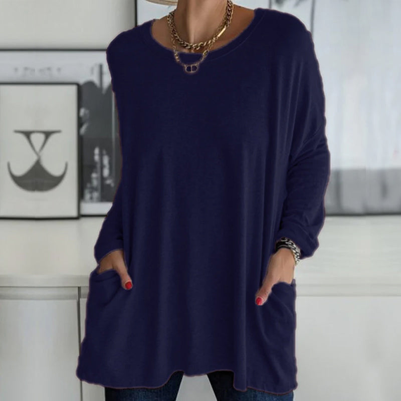 Effen kleur ronde hals top met lange mouwen