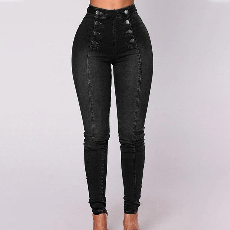 Double-breasted skinny jeans met hoge taille