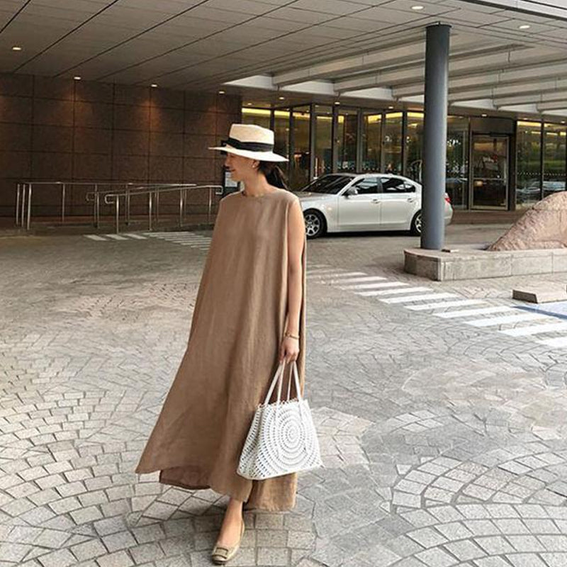 Jurk van katoen en linnen met split