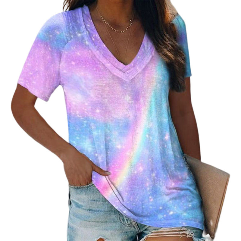 T-shirt met V-hals en veelkleurige print