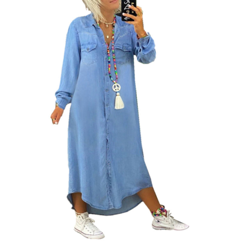 Casual spijkerjurk in effen kleur met lange mouwen voor dames（Pre-sale）