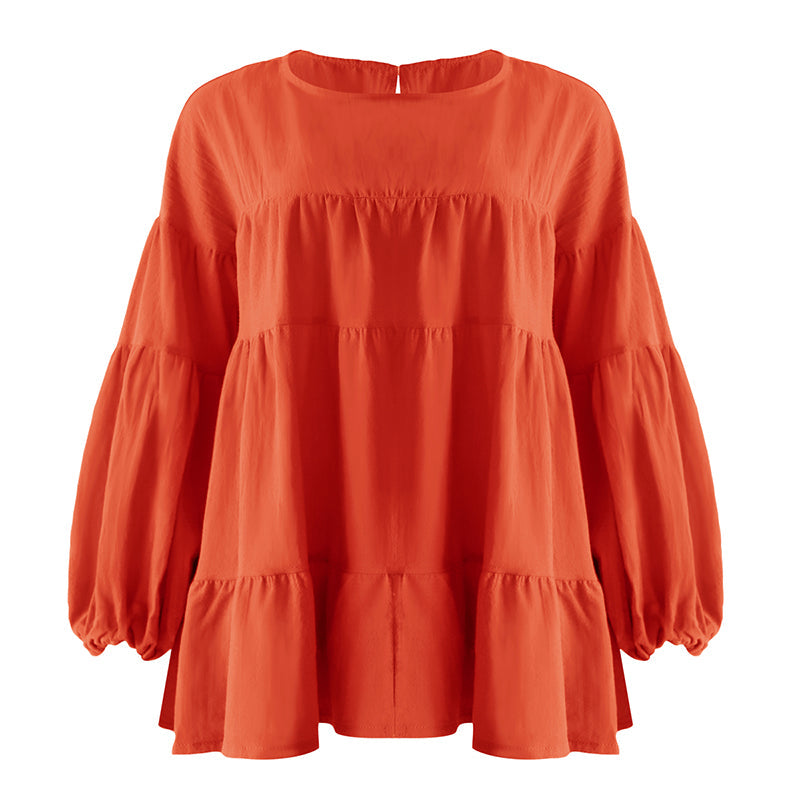 Top met ronde hals en lantaarn met lange mouwen