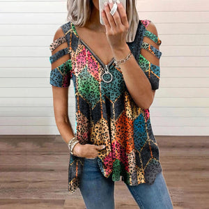 T-shirt met V-hals en rits en print