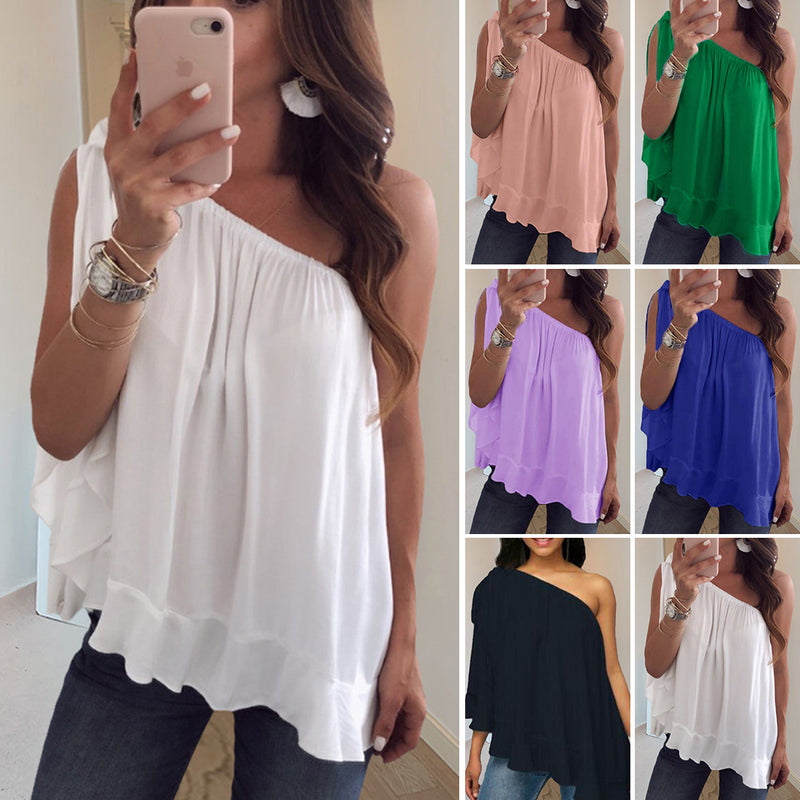 Een schouder gegolfde tops T-shirt losse casual bloes