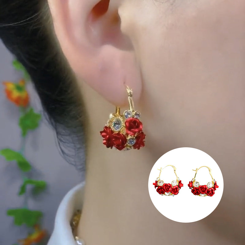 Blossoming Flower Basket Red Rose Earrings
