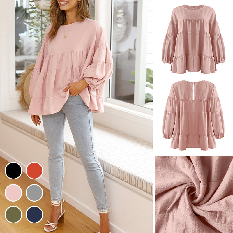 Top met ronde hals en lantaarn met lange mouwen