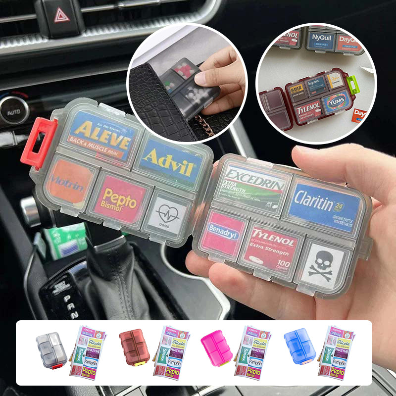 Draagbare pillenorganizer met labels