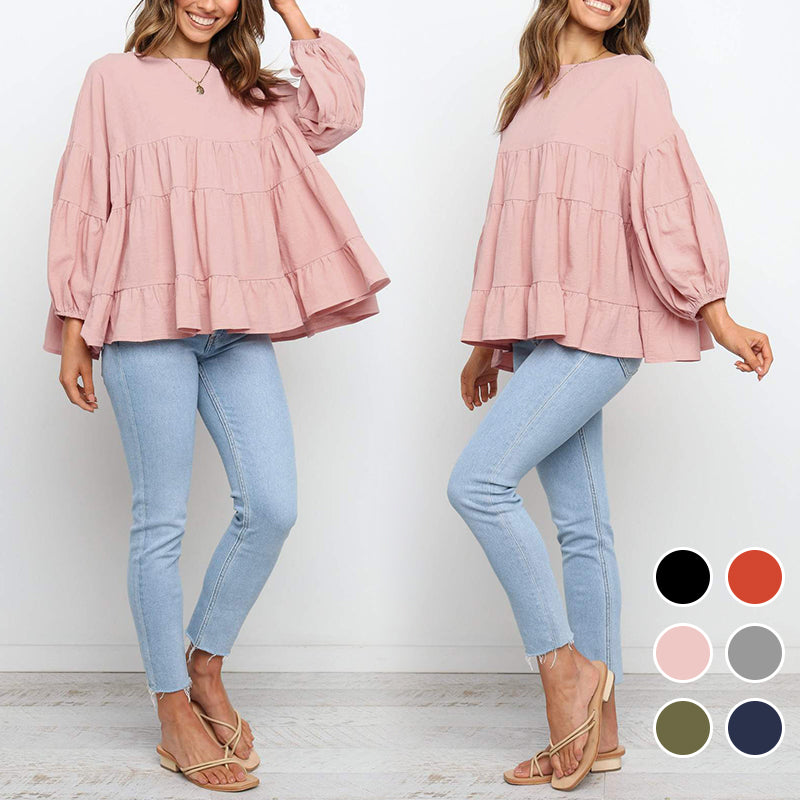 Top met ronde hals en lantaarn met lange mouwen