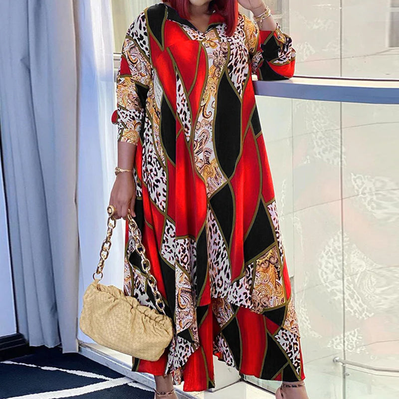 Grote maat bedrukte v-hals losse jurk met lange mouwen