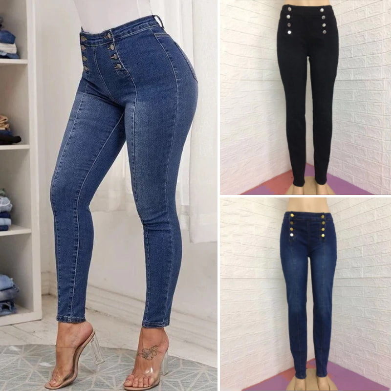 Double-breasted skinny jeans met hoge taille