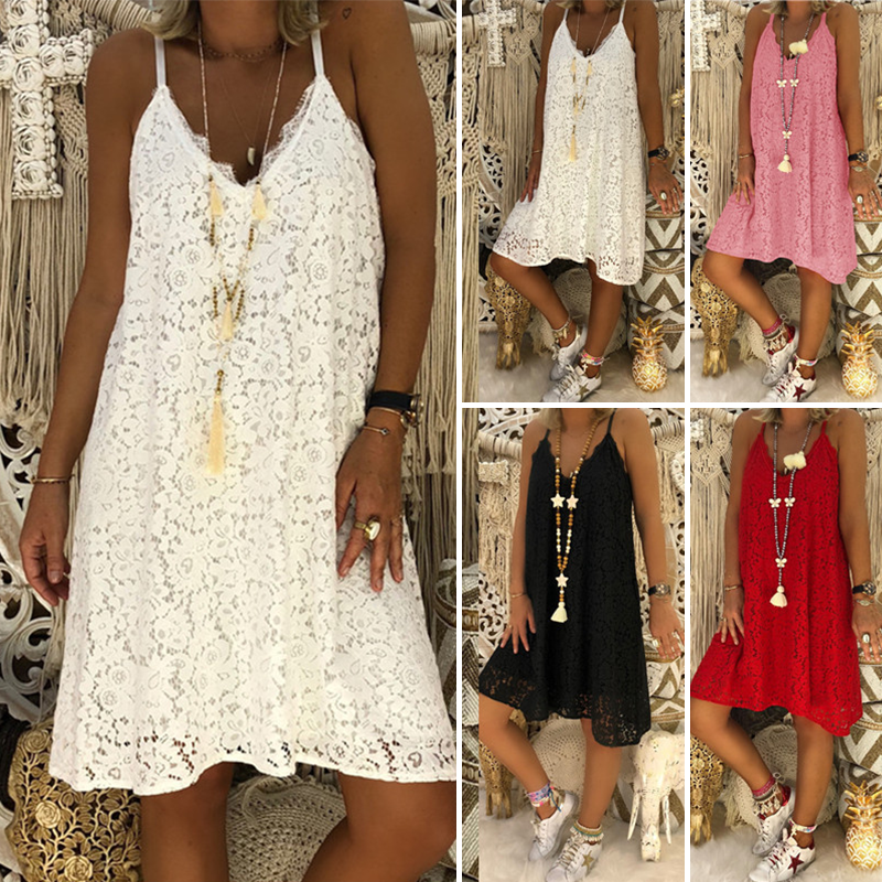 Dames zomer effen mouwloze v-hals Sling Lace losse jurk
