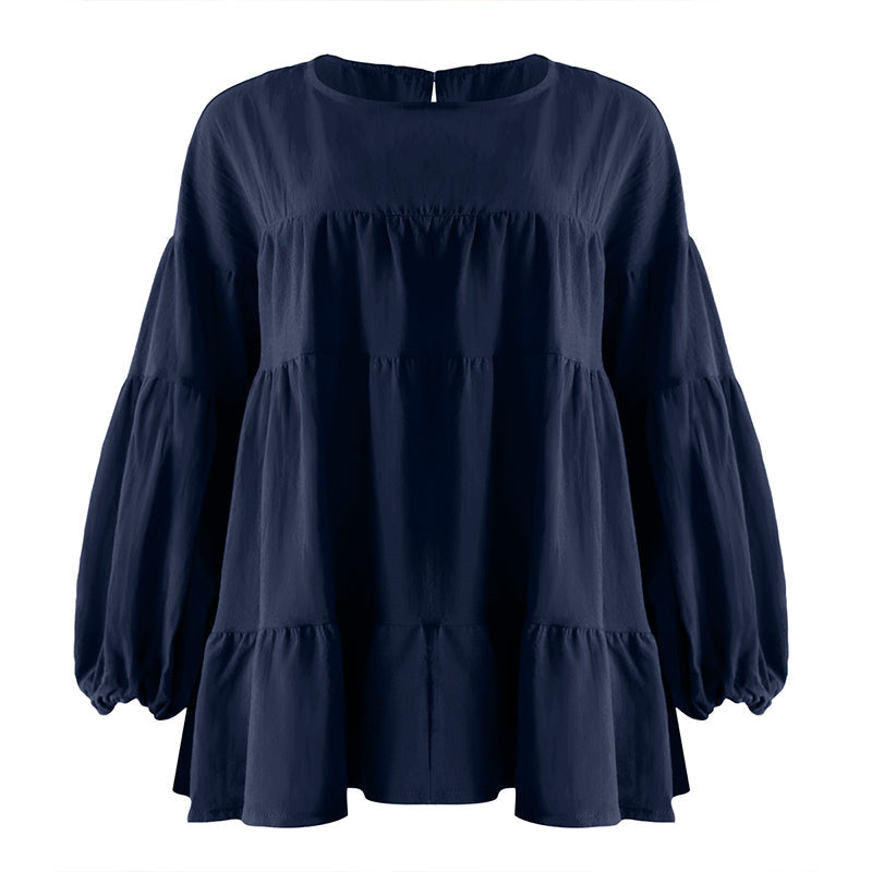 Top met ronde hals en lantaarn met lange mouwen