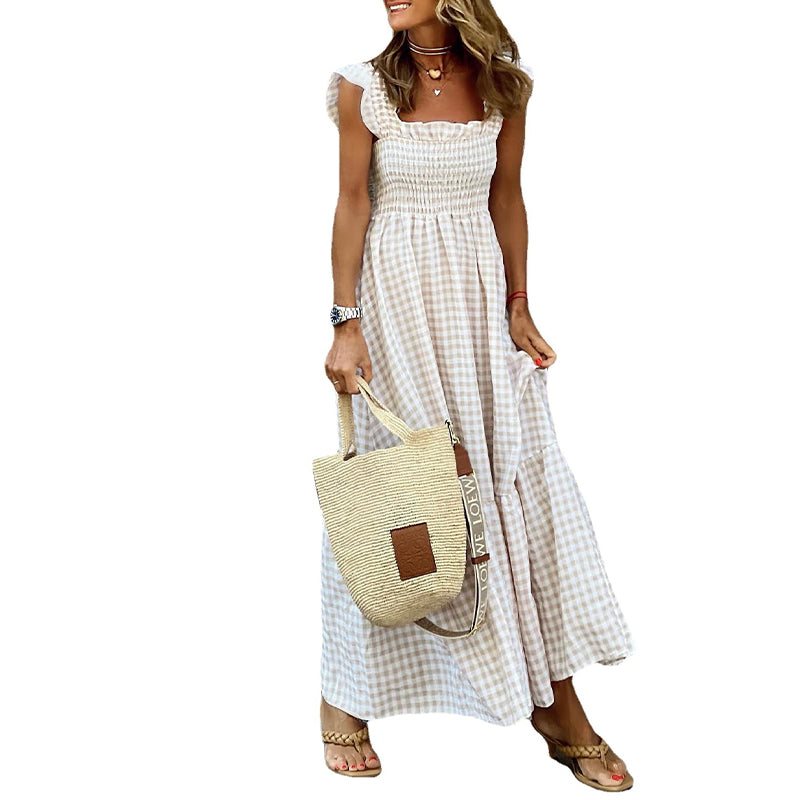 Geruite gesmokte buste maxi-jurk