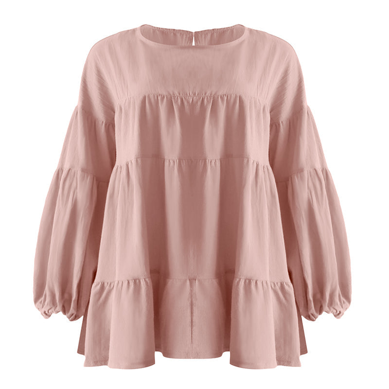 Top met ronde hals en lantaarn met lange mouwen