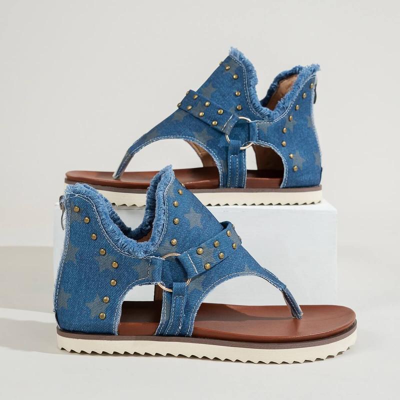 Dames Casual Denim Platte Sandalen met Rits