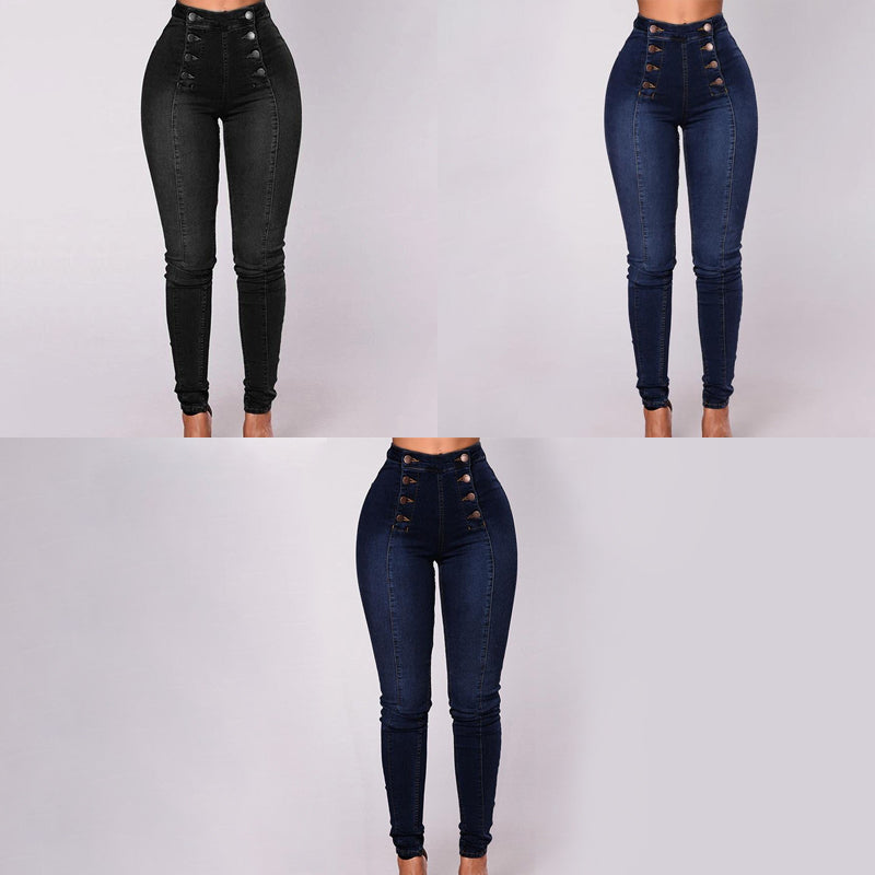 Double-breasted skinny jeans met hoge taille