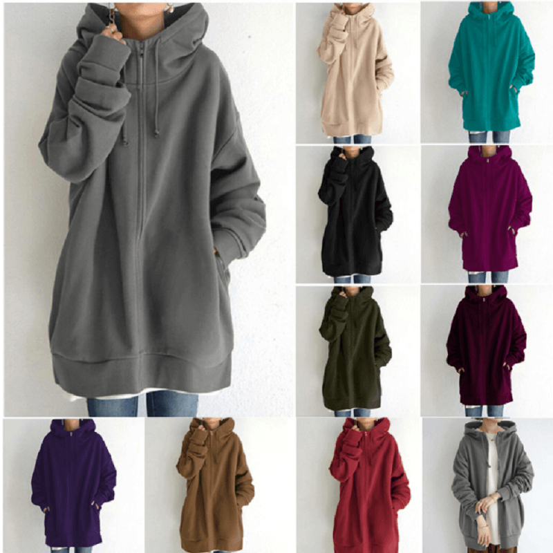 Lange hoodie van fleece met rits en capuchon
