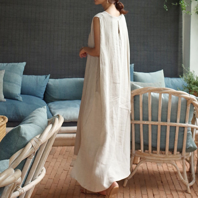 Jurk van katoen en linnen met split