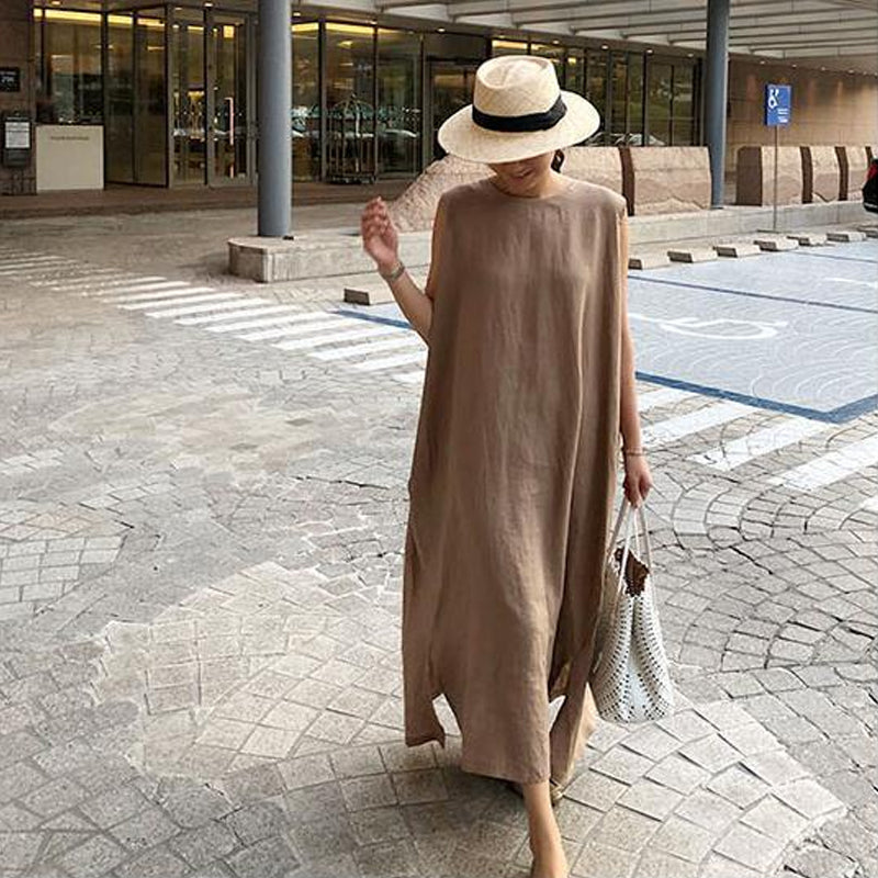 Jurk van katoen en linnen met split